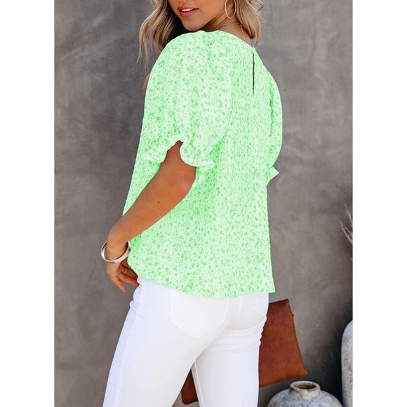 Women Green Print Blouse Crewneck Smocked Puff Sleeve Shirts Casual Babydoll Top - Picture 4 of 6